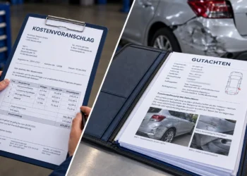 Links ein Kostenvoranschlag einer Werkstatt in einer Hand, rechts ein aufgeschlagenes Kfz-Gutachten mit Fotodokumentation vor einem beschädigten Fahrzeug