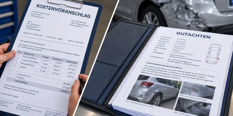 Links ein Kostenvoranschlag einer Werkstatt in einer Hand, rechts ein aufgeschlagenes Kfz-Gutachten mit Fotodokumentation vor einem beschädigten Fahrzeug