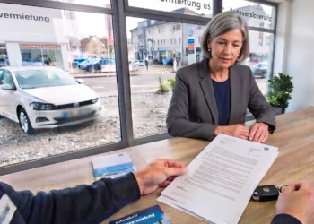 Kundengespräch am Tresen einer Autovermietung, im Hintergrund ein Mietwagen vor dem Schaufenster