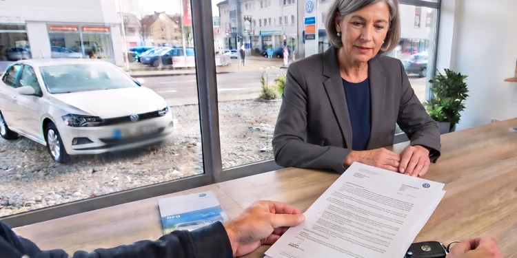 Kundengespräch am Tresen einer Autovermietung, im Hintergrund ein Mietwagen vor dem Schaufenster