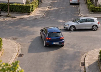 Zwei Fahrzeuge nähern sich einer unbeschilderten Kreuzung in einem Wohngebiet