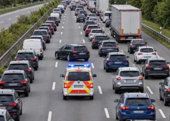 Stau auf einer dreispurigen Autobahn: Zwischen der linken und den übrigen Fahrspuren ist eine Rettungsgasse frei, durch die ein Einsatzfahrzeug mit Blaulicht fährt.