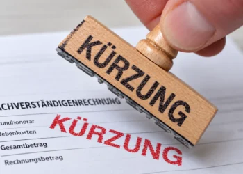 Hand mit einem Holzstempel, der das Wort Kürzung rot auf eine Sachverständigenrechnung druckt