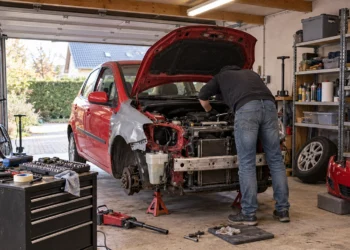Roter Kleinwagen mit abgebauter Front steht auf Unterstellböcken in einer privaten Garage, ein Mann arbeitet über dem offenen Motorraum, daneben Werkzeugwagen und Wagenheber.
