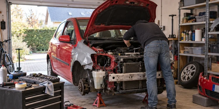 Roter Kleinwagen mit abgebauter Front steht auf Unterstellböcken in einer privaten Garage, ein Mann arbeitet über dem offenen Motorraum, daneben Werkzeugwagen und Wagenheber.