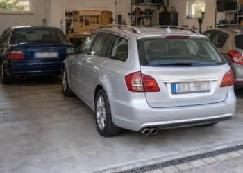 Ein silberner Kombi und ein zweiter Pkw stehen nebeneinander in einer Garage