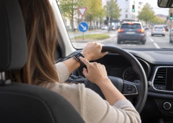 Fahrerin am Lenkrad tippt während der Fahrt auf ihre Smartwatch, im Hintergrund eine Kreuzung im Stadtverkehr