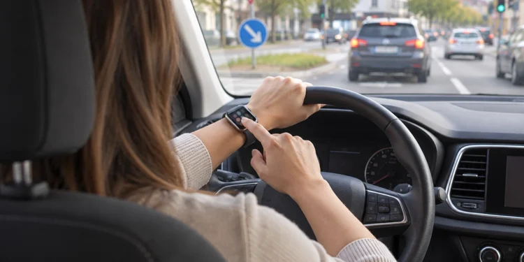 Fahrerin am Lenkrad tippt während der Fahrt auf ihre Smartwatch, im Hintergrund eine Kreuzung im Stadtverkehr