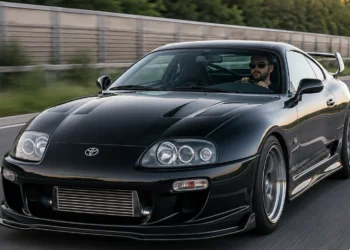 Schwarzer getunter Toyota Supra mit Fahrer auf einer deutschen Straße als Symbolbild für Fahrzeugtuning und Zulassung