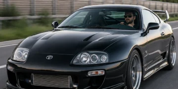 Schwarzer getunter Toyota Supra mit Fahrer auf einer deutschen Straße als Symbolbild für Fahrzeugtuning und Zulassung