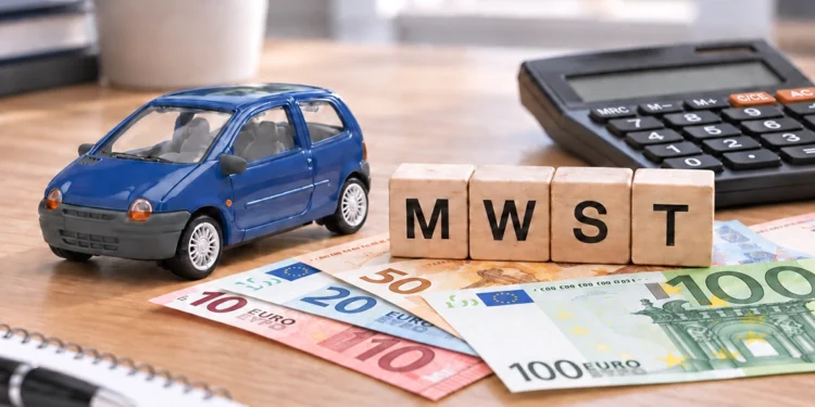 Blaues Modellauto neben Holzwürfeln mit der Aufschrift MWST, Euro-Banknoten und einem Taschenrechner auf einem Schreibtisch