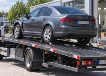 Grauer Pkw mit Frontschaden auf der Ladefläche eines Abschleppwagens vor einer Kfz-Werkstatt