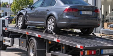 Grauer Pkw mit Frontschaden auf der Ladefläche eines Abschleppwagens vor einer Kfz-Werkstatt