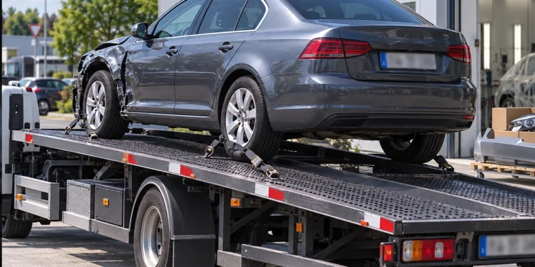 Grauer Pkw mit Frontschaden auf der Ladefläche eines Abschleppwagens vor einer Kfz-Werkstatt