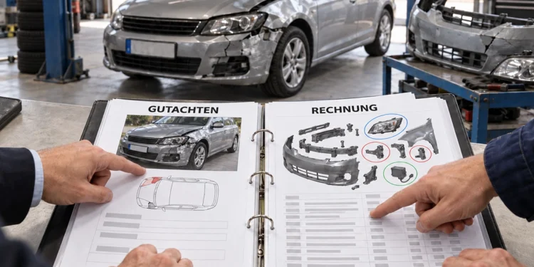 Aufgeschlagener Ordner auf einer Werkbank: links die Seite „Gutachten" mit Schadensskizze, rechts die Seite „Rechnung" mit Ersatzteilen; zwei Personen zeigen darauf, dahinter ein Unfallwagen in der Werkstatt.