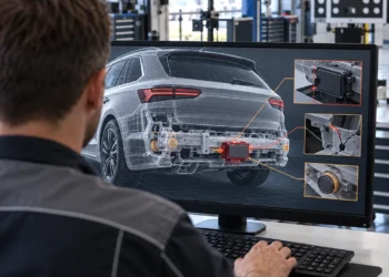 Ein Techniker in der Werkstatt sitzt vor einem Bildschirm mit einem Fahrzeugmodell, auf dem Radarsensor, Kamera und Steuergerät farbig hervorgehoben sind.