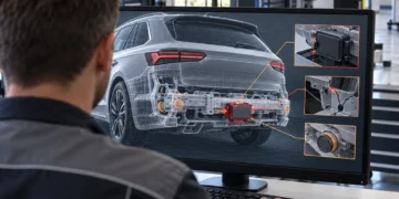 Ein Techniker in der Werkstatt sitzt vor einem Bildschirm mit einem Fahrzeugmodell, auf dem Radarsensor, Kamera und Steuergerät farbig hervorgehoben sind.