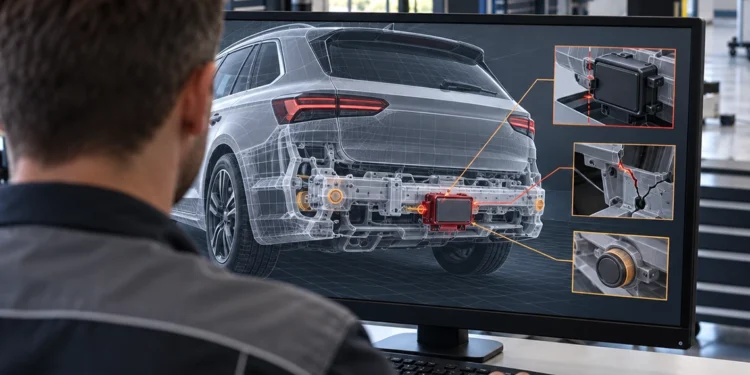 Ein Techniker in der Werkstatt sitzt vor einem Bildschirm mit einem Fahrzeugmodell, auf dem Radarsensor, Kamera und Steuergerät farbig hervorgehoben sind.