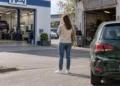 Eine Frau steht mit dem Handy am Ohr zwischen einer großen Markenwerkstatt und einer kleinen freien Werkstatt, rechts parkt ein dunkelgrünes Auto mit Heckschaden.