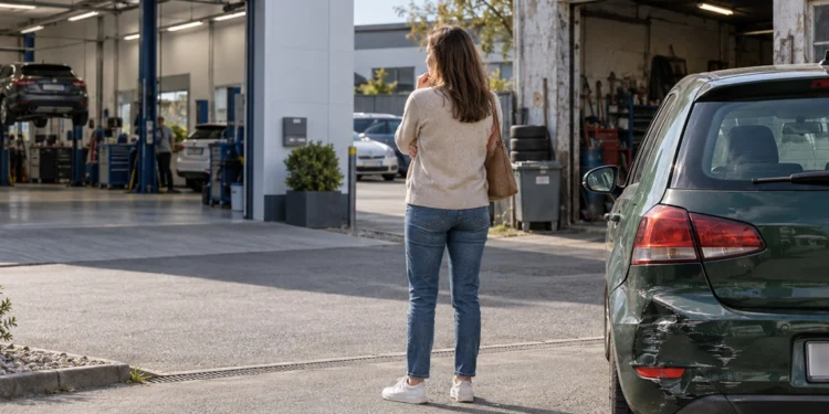 Eine Frau steht mit dem Handy am Ohr zwischen einer großen Markenwerkstatt und einer kleinen freien Werkstatt, rechts parkt ein dunkelgrünes Auto mit Heckschaden.