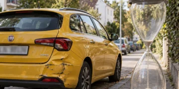 Eine große Sanduhr steht auf dem Gehweg neben einem gelben Kombi mit eingedrückter Heckpartie in einer ruhigen Wohnstraße.