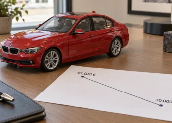 Ein rotes Modellauto einer Limousine steht auf einem Schreibtisch neben einem Blatt mit einer fallenden Wertlinie von 45.000 auf 30.000 Euro.