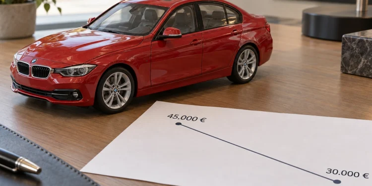 Ein rotes Modellauto einer Limousine steht auf einem Schreibtisch neben einem Blatt mit einer fallenden Wertlinie von 45.000 auf 30.000 Euro.