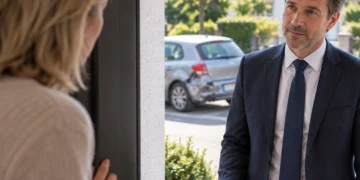 Ein Mann im dunklen Anzug steht vor einer Haustür, eine Frau hält die Tür halb geöffnet, im Hintergrund ein Auto mit Unfallschaden.
