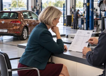 Eine Kundin sitzt am Tresen einer Werkstatt und schaut nachdenklich auf eine Reparaturrechnung, die ihr ein Mitarbeiter zeigt, im Hintergrund ein braunes Auto auf der Hebebühne.