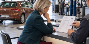 Eine Kundin sitzt am Tresen einer Werkstatt und schaut nachdenklich auf eine Reparaturrechnung, die ihr ein Mitarbeiter zeigt, im Hintergrund ein braunes Auto auf der Hebebühne.