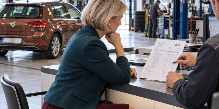Eine Kundin sitzt am Tresen einer Werkstatt und schaut nachdenklich auf eine Reparaturrechnung, die ihr ein Mitarbeiter zeigt, im Hintergrund ein braunes Auto auf der Hebebühne.